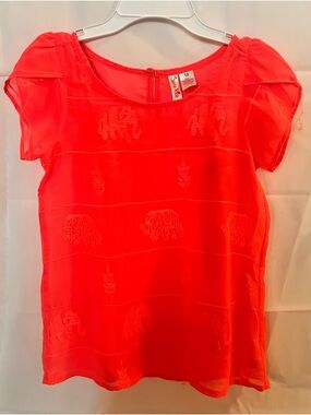 Coral Sheer Elephant Embroidered Blouse